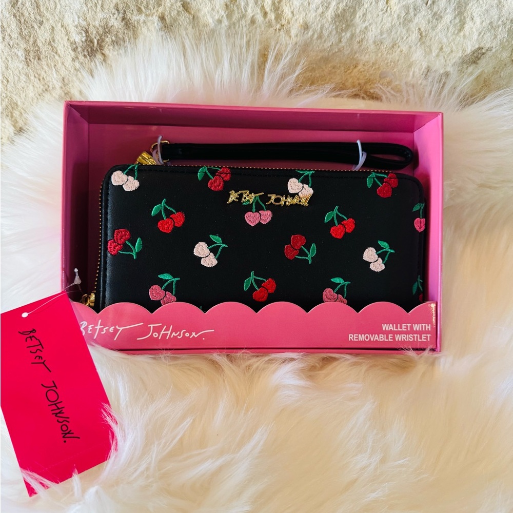 Betsey Johnson Black Wallet with Cherry Embroidery